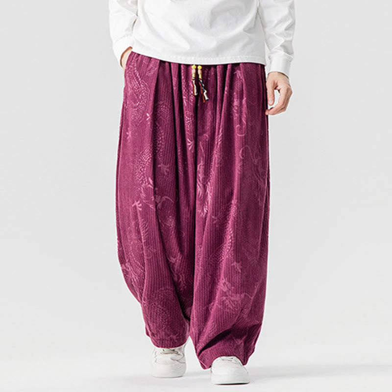 Pantalon harem pour homme en velours côtelé de coton à motif dragon et phénix d'hiver avec poches, orné de Buddha Stones - image 10