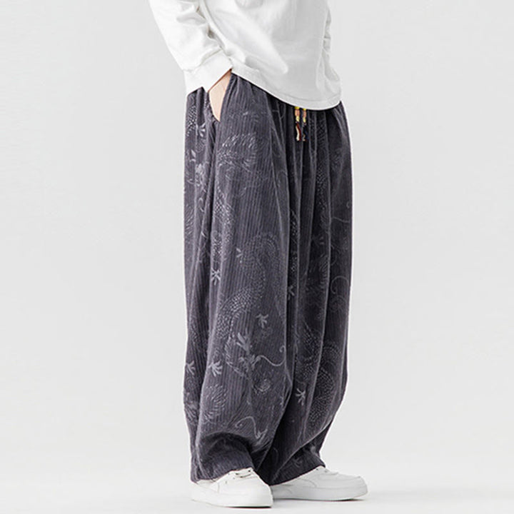 Pantalon harem pour homme en velours côtelé de coton à motif dragon et phénix d'hiver avec poches, orné de Buddha Stones - image 26