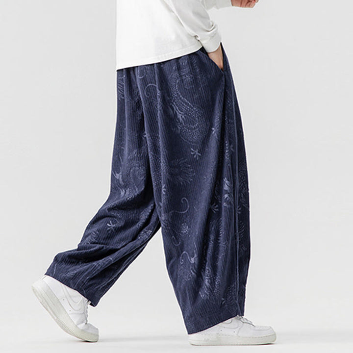 Pantalon harem pour homme en velours côtelé de coton à motif dragon et phénix d'hiver avec poches, orné de Buddha Stones - image 21