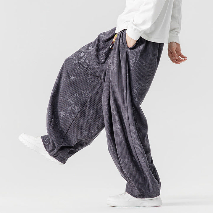 Pantalon harem pour homme en velours côtelé de coton à motif dragon et phénix d'hiver avec poches, orné de Buddha Stones - image 30