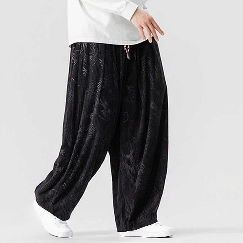 Pantalon harem pour homme en velours côtelé de coton à motif dragon et phénix d'hiver avec poches, orné de Buddha Stones - image 35