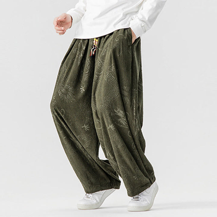 Pantalon harem pour homme en velours côtelé de coton à motif dragon et phénix d'hiver avec poches, orné de Buddha Stones - image 6