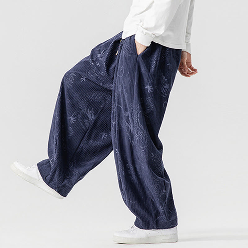 Pantalon harem pour homme en velours côtelé de coton à motif dragon et phénix d'hiver avec poches, orné de Buddha Stones - image 23
