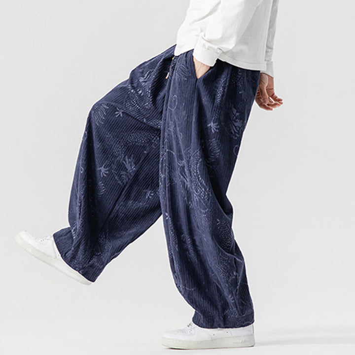 Pantalon harem pour homme en velours côtelé de coton à motif dragon et phénix d'hiver avec poches, orné de Buddha Stones - image 23