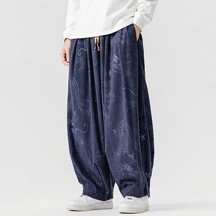 Pantalon harem pour homme en velours côtelé de coton à motif dragon et phénix d'hiver avec poches, orné de Buddha Stones - image 18