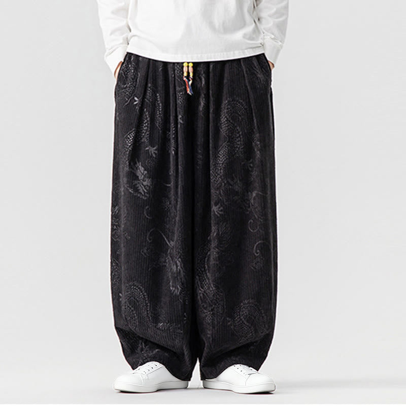 Pantalon harem pour homme en velours côtelé de coton à motif dragon et phénix d'hiver avec poches, orné de Buddha Stones - Noir - US/UK/AU46，EU56 (5XL) - image 31