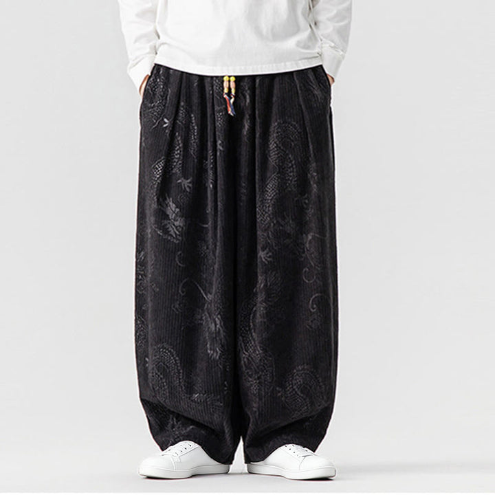 Pantalon harem pour homme en velours côtelé de coton à motif dragon et phénix d'hiver avec poches, orné de Buddha Stones - Noir - US/UK/AU46，EU56 (5XL) - image 31