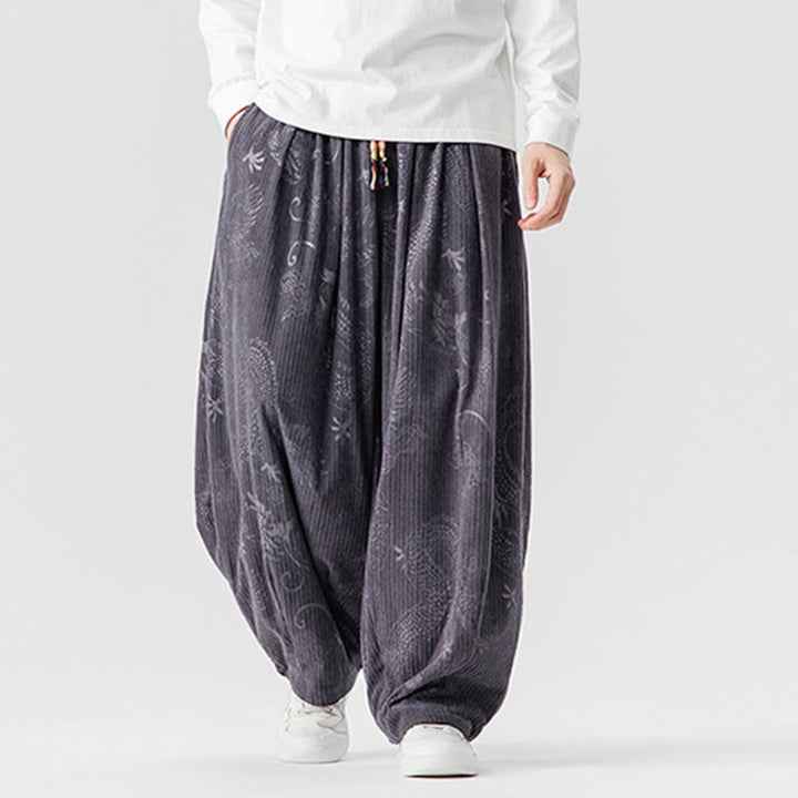 Pantalon harem pour homme en velours côtelé de coton à motif dragon et phénix d'hiver avec poches, orné de Buddha Stones - image 25