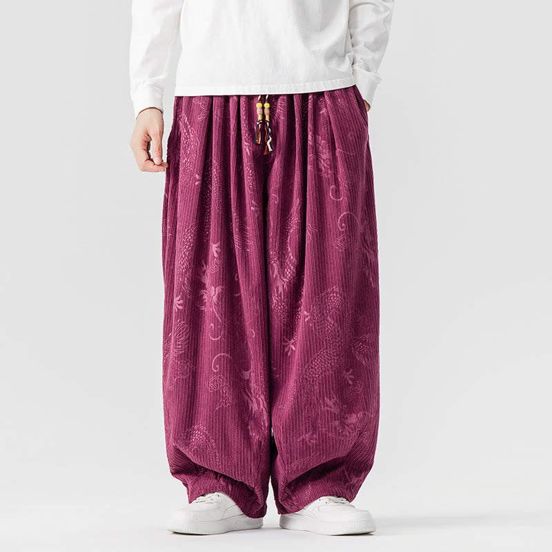 Pantalon harem pour homme en velours côtelé de coton à motif dragon et phénix d'hiver avec poches, orné de Buddha Stones - Rouge violet moyen - US/UK/AU46，EU56 (5XL) - image 9