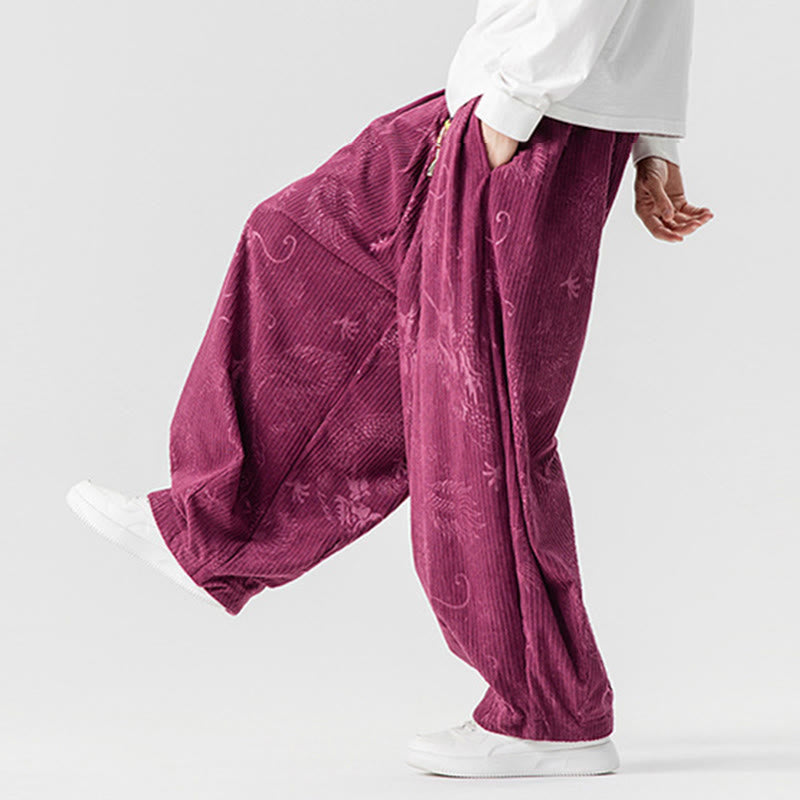 Pantalon harem pour homme en velours côtelé de coton à motif dragon et phénix d'hiver avec poches, orné de Buddha Stones - image 15