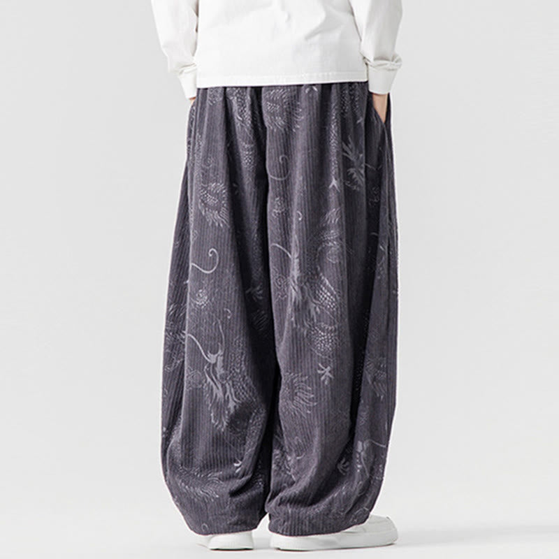 Pantalon harem pour homme en velours côtelé de coton à motif dragon et phénix d'hiver avec poches, orné de Buddha Stones - image 28