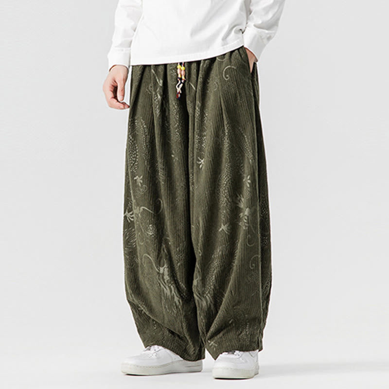 Pantalon harem pour homme en velours côtelé de coton à motif dragon et phénix d'hiver avec poches, orné de Buddha Stones - image 2