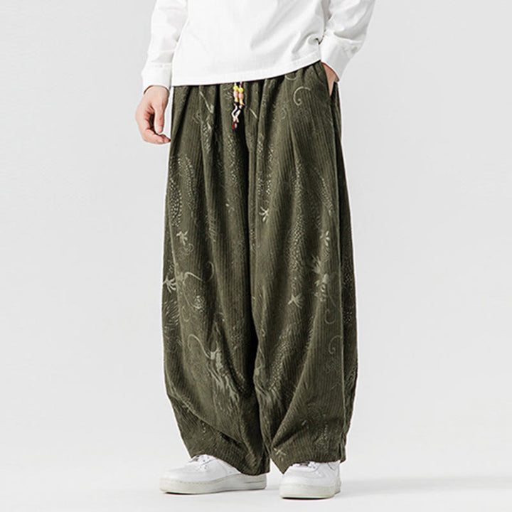 Pantalon harem pour homme en velours côtelé de coton à motif dragon et phénix d'hiver avec poches, orné de Buddha Stones - image 2