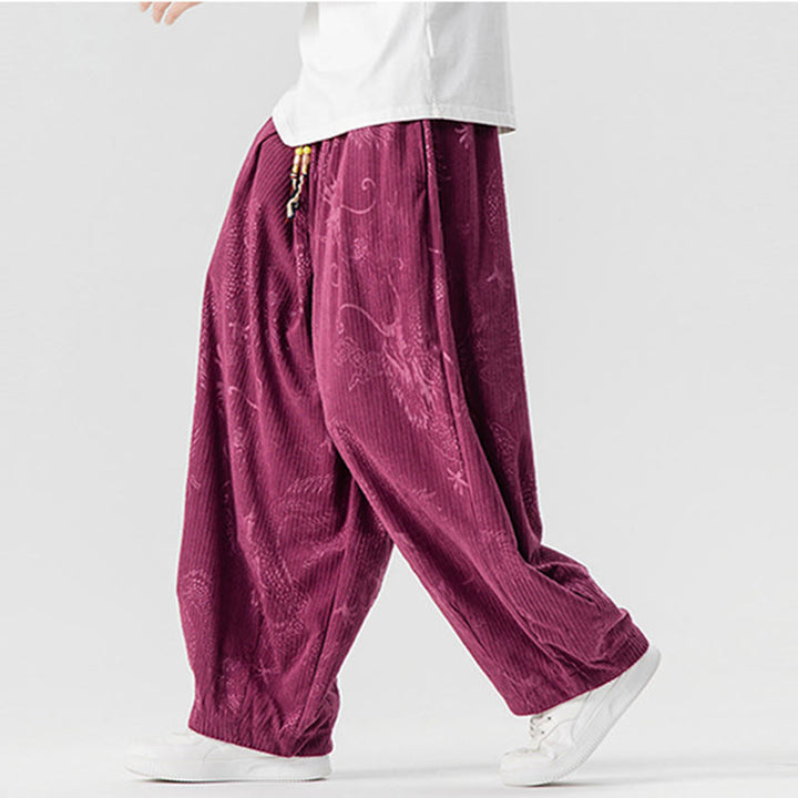 Pantalon harem pour homme en velours côtelé de coton à motif dragon et phénix d'hiver avec poches, orné de Buddha Stones - image 13