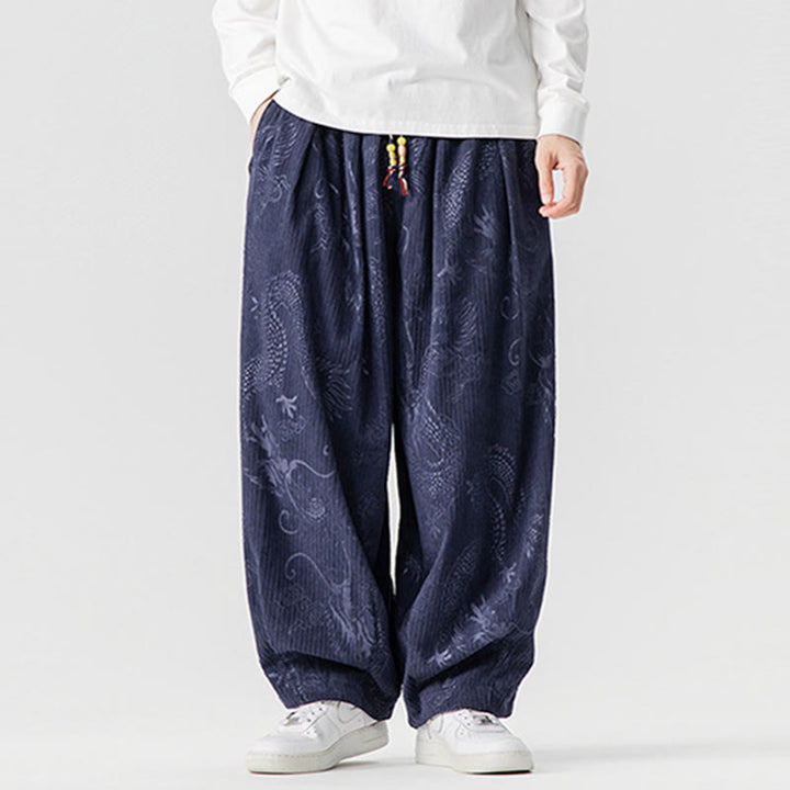 Pantalon harem pour homme en velours côtelé de coton à motif dragon et phénix d'hiver avec poches, orné de Buddha Stones - image 17