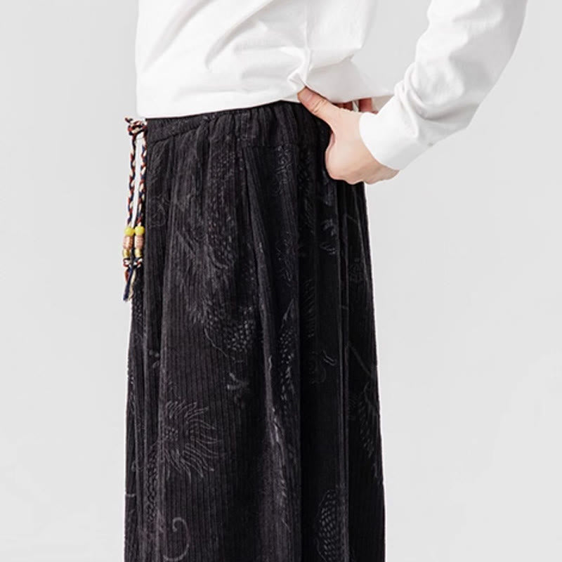 Pantalon harem pour homme en velours côtelé de coton à motif dragon et phénix d'hiver avec poches, orné de Buddha Stones - image 38