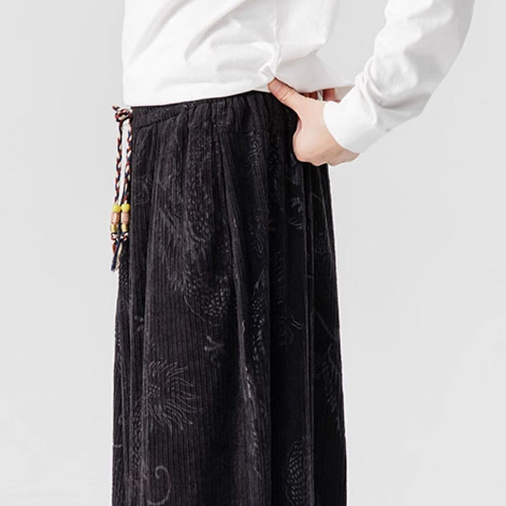 Pantalon harem pour homme en velours côtelé de coton à motif dragon et phénix d'hiver avec poches, orné de Buddha Stones - image 38