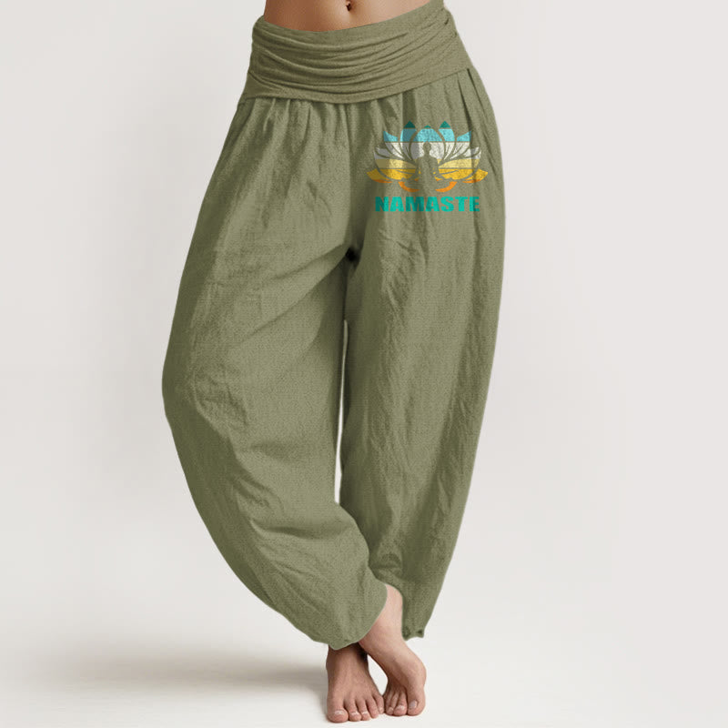 Pantalon harem en pur coton à taille élastique pour femme, orné d'une figure méditative en Buddha Stones « Namaste » et d'un motif lotus. - Vert olive - US16，UK/AU20，EU48 (3XL) - image 14