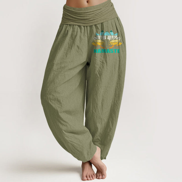 Pantalon harem en pur coton à taille élastique pour femme, orné d'une figure méditative en Buddha Stones « Namaste » et d'un motif lotus. - Vert olive - US16，UK/AU20，EU48 (3XL) - image 14
