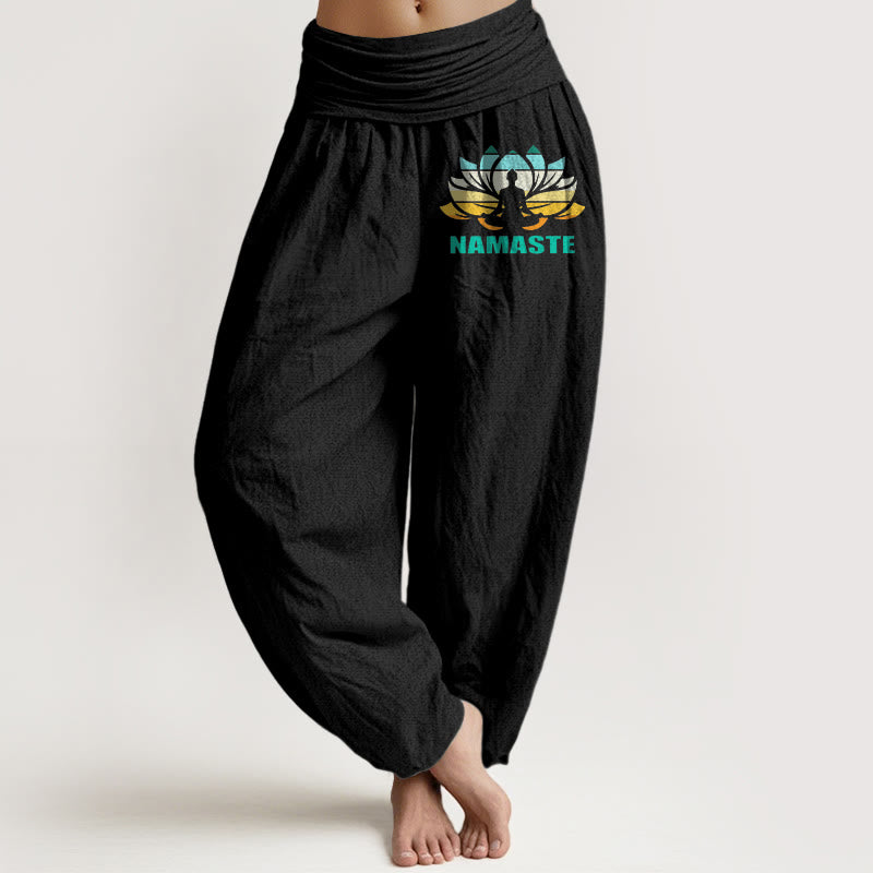Pantalon harem en pur coton à taille élastique pour femme, orné d'une figure méditative en Buddha Stones « Namaste » et d'un motif lotus. - Noir - US16，UK/AU20，EU48 (3XL) - image 0