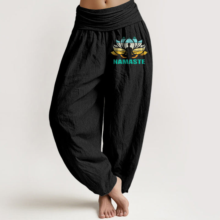 Pantalon harem en pur coton à taille élastique pour femme, orné d'une figure méditative en Buddha Stones « Namaste » et d'un motif lotus. - Noir - US16，UK/AU20，EU48 (3XL) - image 0