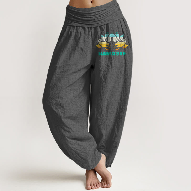 Pantalon harem en pur coton à taille élastique pour femme, orné d'une figure méditative en Buddha Stones « Namaste » et d'un motif lotus. - Gris terne - US16，UK/AU20，EU48 (3XL) - image 8