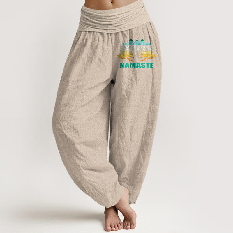 Pantalon harem en pur coton à taille élastique pour femme, orné d'une figure méditative en Buddha Stones « Namaste » et d'un motif lotus. - Tanné - US16，UK/AU20，EU48 (3XL) - image 11