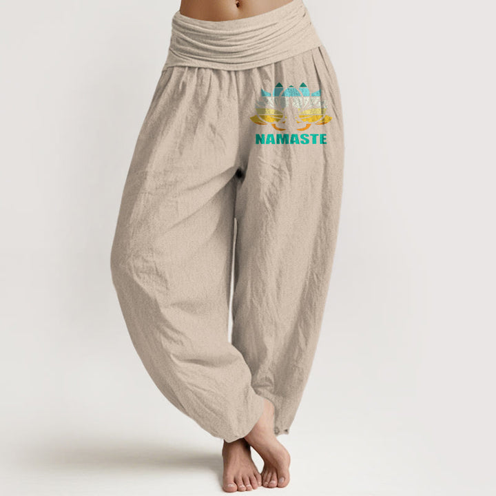 Pantalon harem en pur coton à taille élastique pour femme, orné d'une figure méditative en Buddha Stones « Namaste » et d'un motif lotus. - Tanné - US16，UK/AU20，EU48 (3XL) - image 11