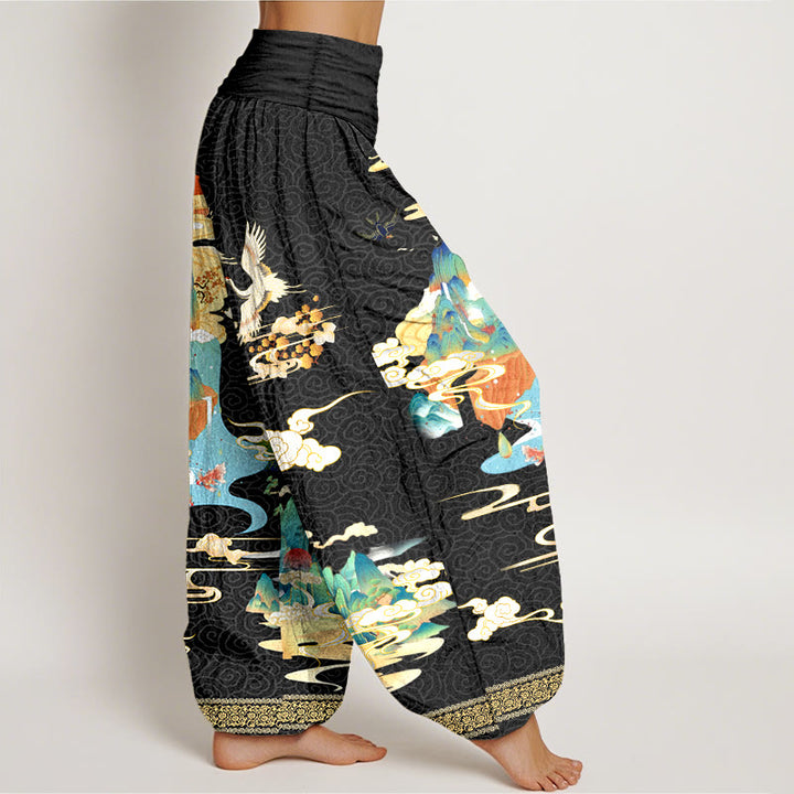 Pantalon harem à taille élastique pour femme, en pur coton, motif paysage de grues et nuages , Buddha Stones - image 2
