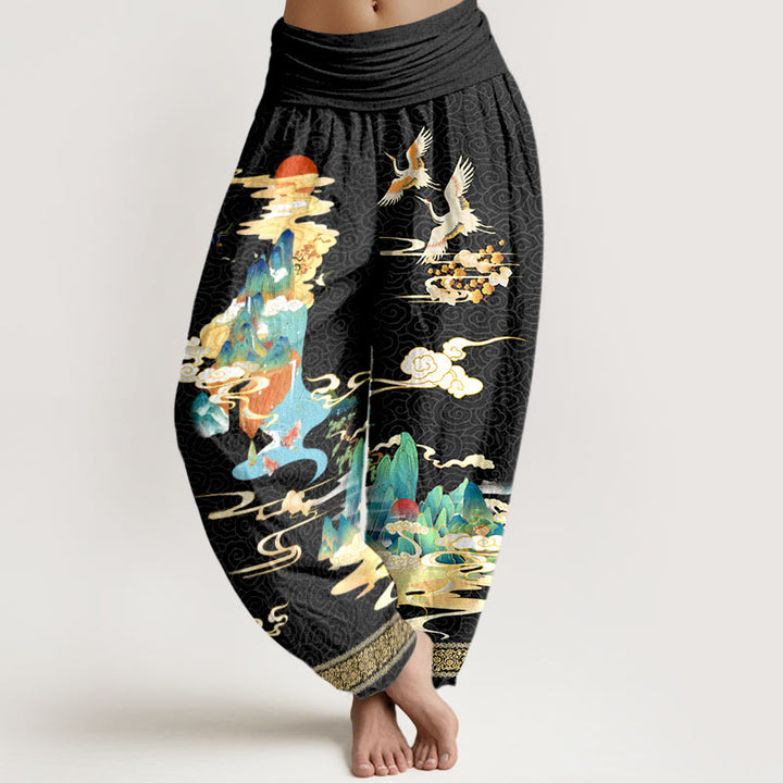 Pantalon harem à taille élastique pour femme, en pur coton, motif paysage de grues et nuages , Buddha Stones - Noir - US16，UK/AU20，EU48 (3XL) - image 0