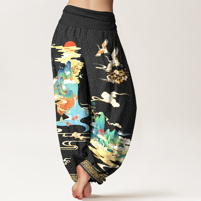 Pantalon harem à taille élastique pour femme, en pur coton, motif paysage de grues et nuages , Buddha Stones - image 1