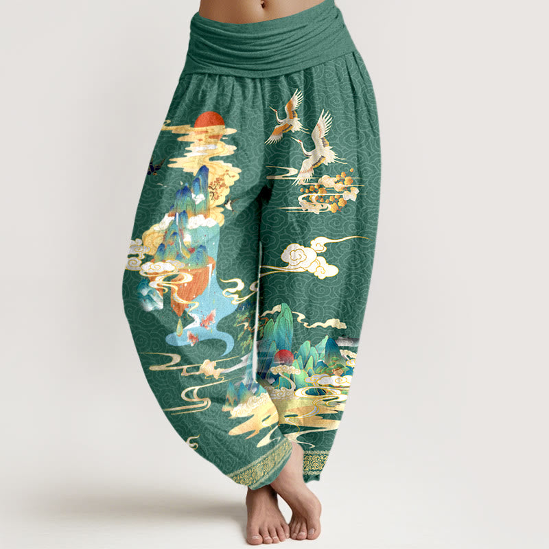 Pantalon harem à taille élastique pour femme, en pur coton, motif paysage de grues et nuages , Buddha Stones - Vert d'eau - US16，UK/AU20，EU48 (3XL) - image 5
