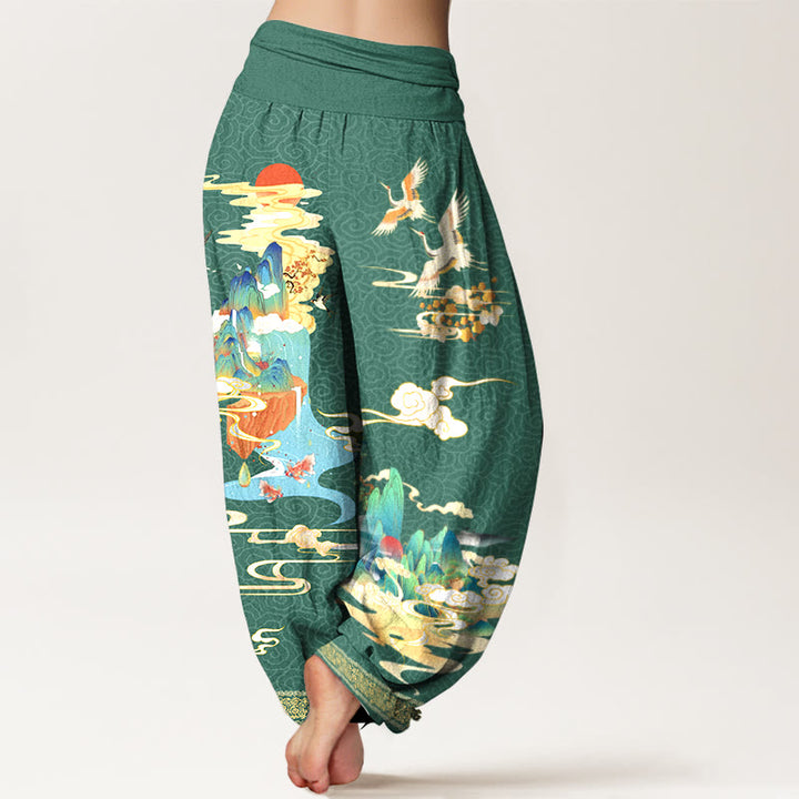 Pantalon harem à taille élastique pour femme, en pur coton, motif paysage de grues et nuages , Buddha Stones - image 6