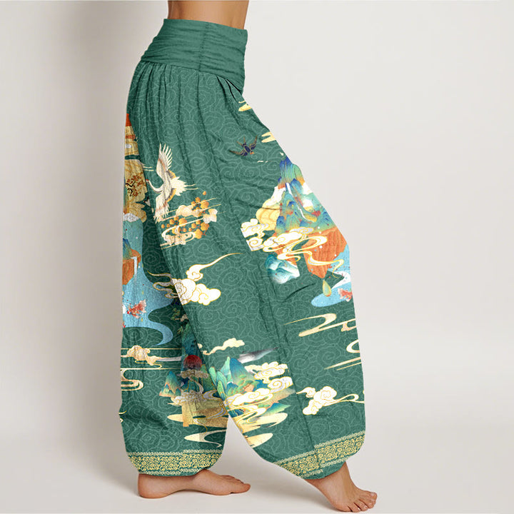 Pantalon harem à taille élastique pour femme, en pur coton, motif paysage de grues et nuages , Buddha Stones - image 7