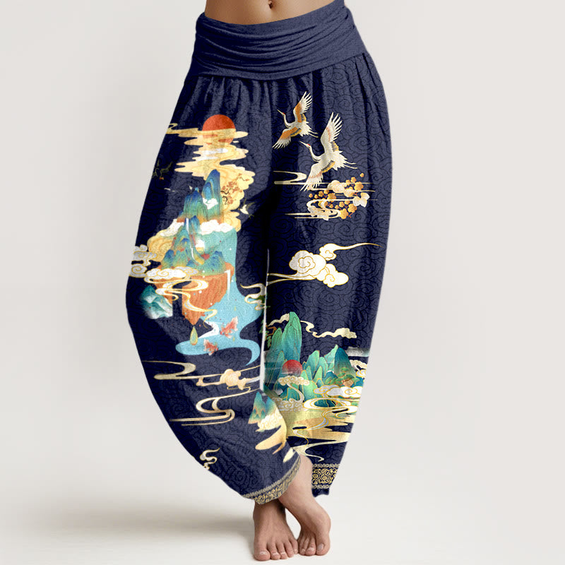 Pantalon harem à taille élastique pour femme, en pur coton, motif paysage de grues et nuages , Buddha Stones - Bleu nuit - US16，UK/AU20，EU48 (3XL) - image 8
