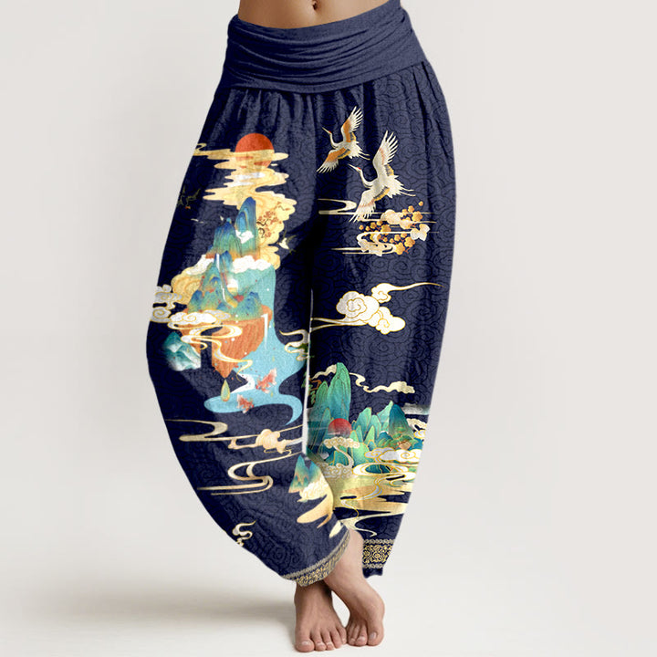 Pantalon harem à taille élastique pour femme, en pur coton, motif paysage de grues et nuages , Buddha Stones - Bleu nuit - US16，UK/AU20，EU48 (3XL) - image 8