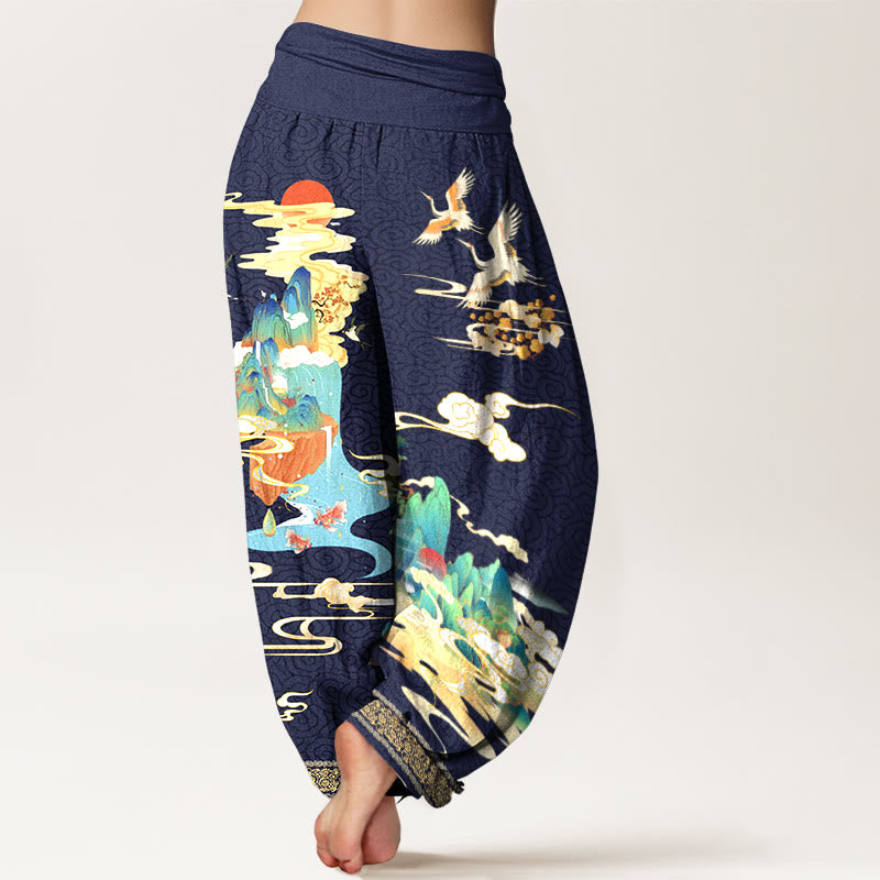 Pantalon harem à taille élastique pour femme, en pur coton, motif paysage de grues et nuages , Buddha Stones - image 9