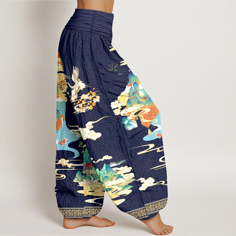 Pantalon harem à taille élastique pour femme, en pur coton, motif paysage de grues et nuages , Buddha Stones - image 10