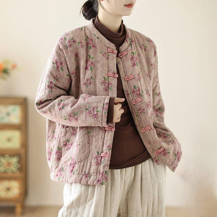 Veste thermique à manches longues pour femme Buddha Stones en coton imprimé floral avec poches - Rose clair - US14，UK/AU18，EU46 (2XL) - image 0
