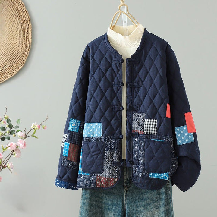 Veste à manches longues pour femme en coton épais, patchwork ethnique à boutons grenouille et Buddha Stones, avec poches - Fleurs bleues - US8-10，UK/AU12-14，EU40-42 (2XL) - image 0
