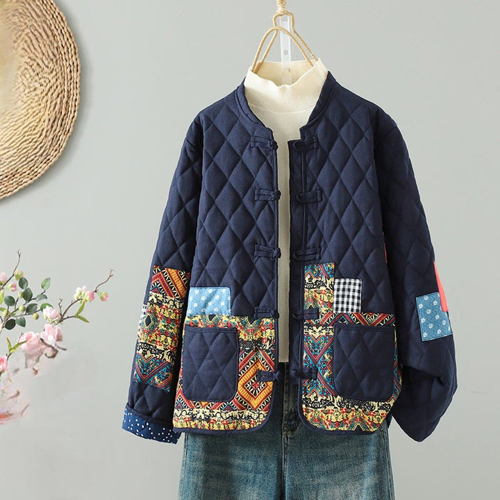 Veste à manches longues pour femme en coton épais, patchwork ethnique à boutons grenouille et Buddha Stones, avec poches - Fleurs jaunes - US8-10，UK/AU12-14，EU40-42 (2XL) - image 5