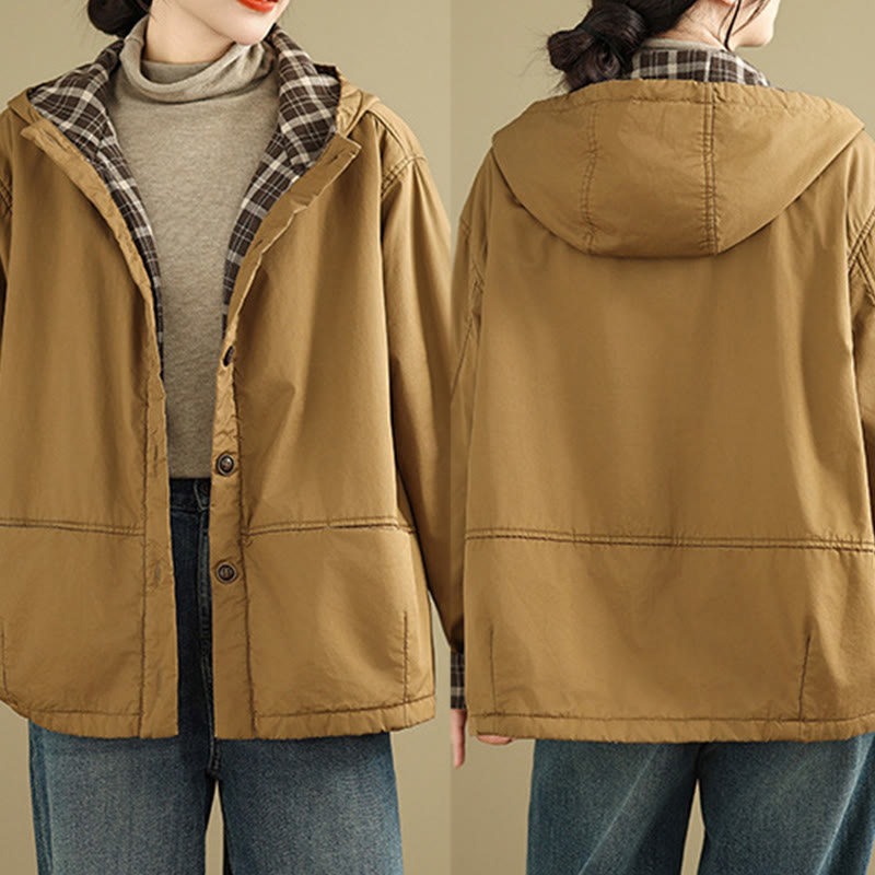 Sweat à capuche à carreaux Buddha Stones pour femme, manches longues, en coton épais avec poches - image 3