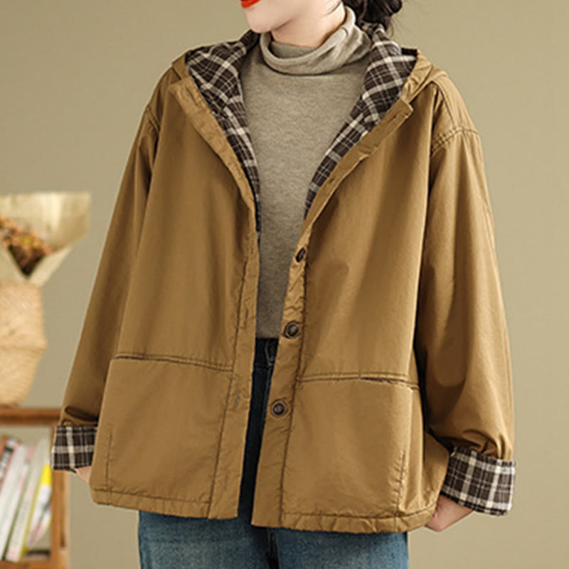 Sweat à capuche à carreaux Buddha Stones pour femme, manches longues, en coton épais avec poches - image 2