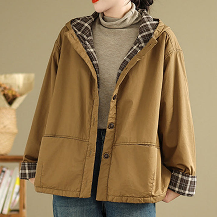 Sweat à capuche à carreaux Buddha Stones pour femme, manches longues, en coton épais avec poches - image 2