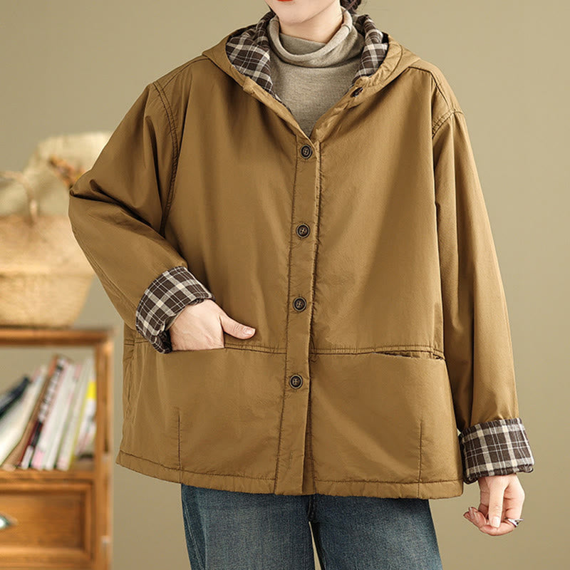 Sweat à capuche à carreaux Buddha Stones pour femme, manches longues, en coton épais avec poches - image 1