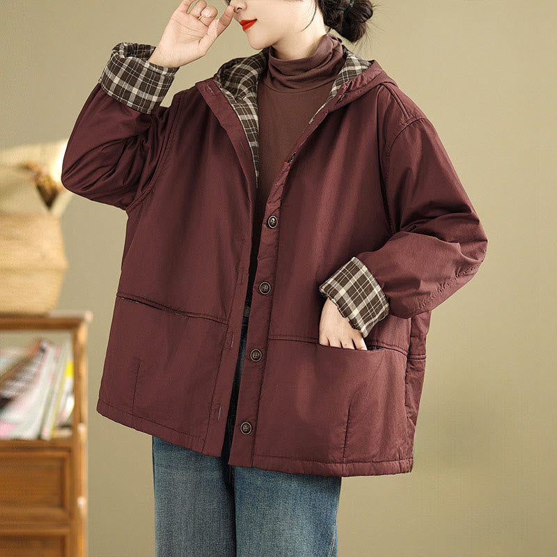 Sweat à capuche à carreaux Buddha Stones pour femme, manches longues, en coton épais avec poches - Bordeaux - US12，UK/AU16，EU44 (XL) - image 4