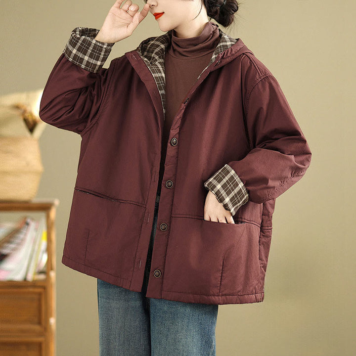 Sweat à capuche à carreaux Buddha Stones pour femme, manches longues, en coton épais avec poches - Bordeaux - US12，UK/AU16，EU44 (XL) - image 4