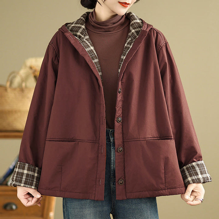 Sweat à capuche à carreaux Buddha Stones pour femme, manches longues, en coton épais avec poches - image 5