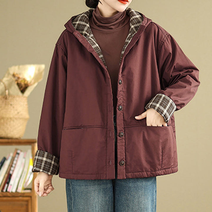 Sweat à capuche à carreaux Buddha Stones pour femme, manches longues, en coton épais avec poches - image 6