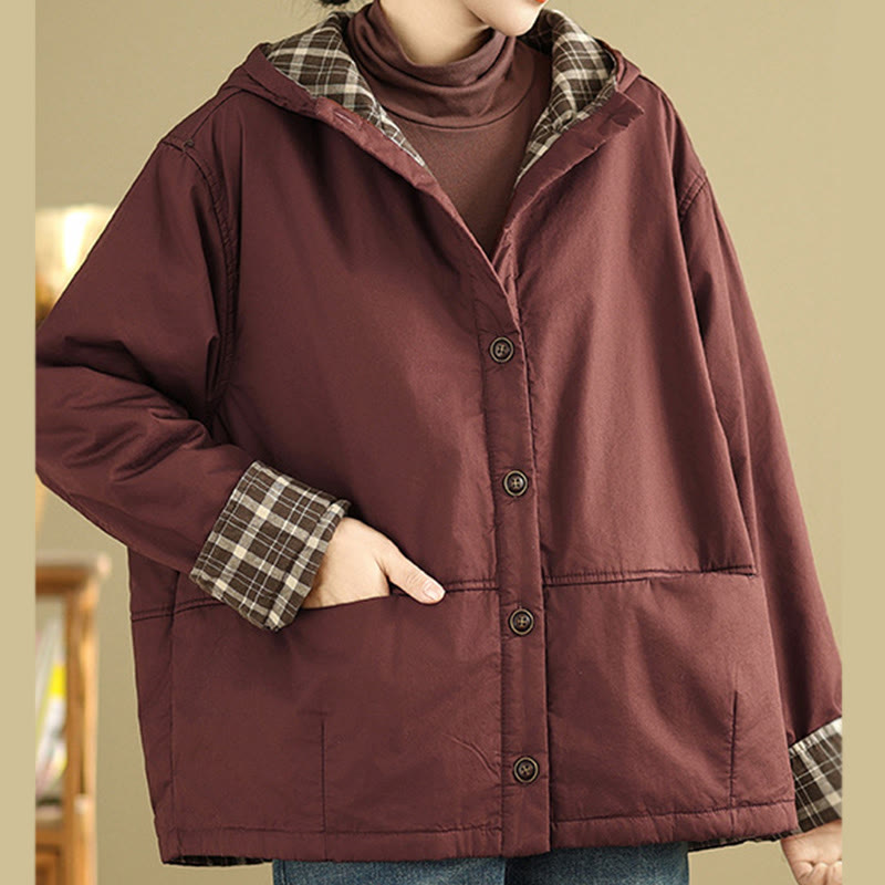 Sweat à capuche à carreaux Buddha Stones pour femme, manches longues, en coton épais avec poches - image 7